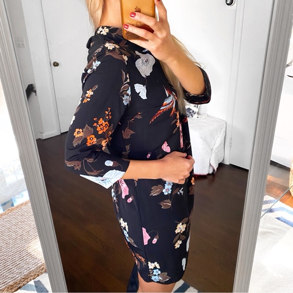 🖤 PRIMARK BOHO BLACK MULTI FLORAL BIRD CAPRI SLEEVE MOCK NECK MINI DRESS! - Picture 3 of 12